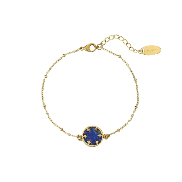 Large choix de Bracelet  de bijoux en acier, de montres et de sacs à main sur luzaka.com. Bracelet Etoiles Lapis Lazuli acier doré or - Réf : 10756
