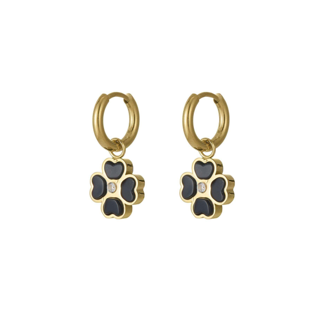 Large choix de Boucles d'oreilles  de bijoux en acier, de montres et de sacs à main sur luzaka.com. Boucles Trefle noir acier doré or  - Réf : 11558