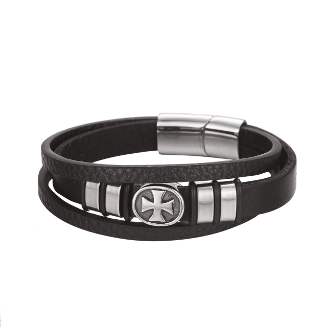 Bracelet Templier cuir et acier Bracelet Homme Multi chaines- Bijoux et accessoires pas chers pour femme Luzaka Ref.10081