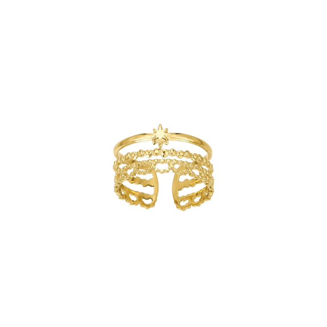 Large choix de Bague  de bijoux en acier, de montres et de sacs à main sur luzaka.com. Bague Etoile soleil acier doré or - Réf : 10143