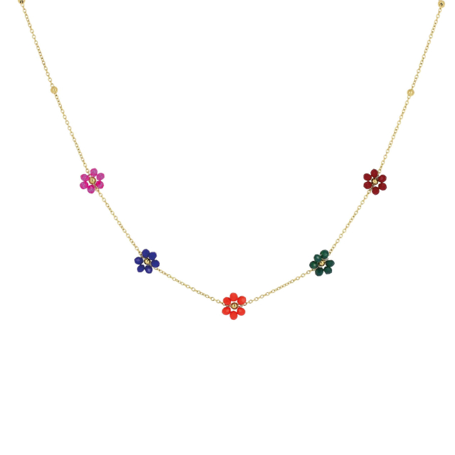 Collier En Cuir Et Alliage Doré Motif Floral - Ras Du Cou, Bleu Et Blanc, Occasion (usure Au Dos)