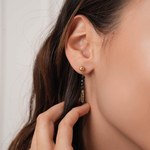 Large choix de Boucles d'oreilles  de bijoux en acier, de montres et de sacs à main sur luzaka.com. Boucles Isa Pierres Obsidienne acier doré or - Réf : 10448