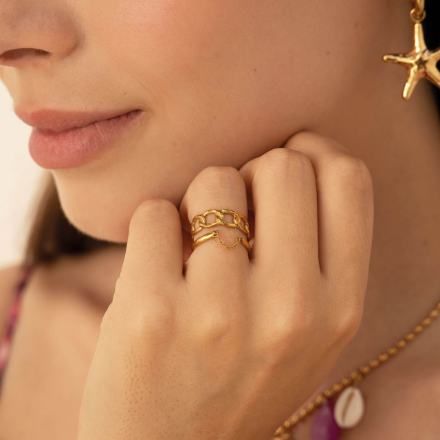 Bague acier doré or chaines