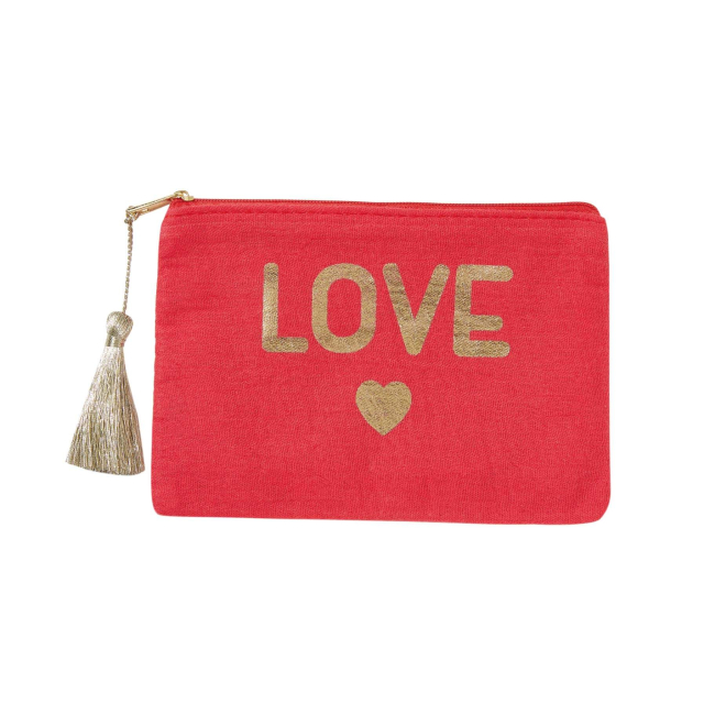 Pochette à message LOVE en gaze de coton avec zip et pompon