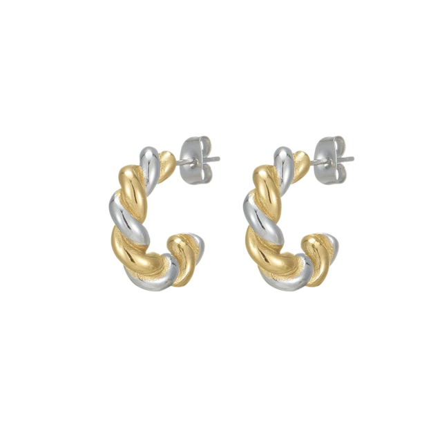 Boucles d'oreille torsadées bi-couleur : acier doré or et argenté