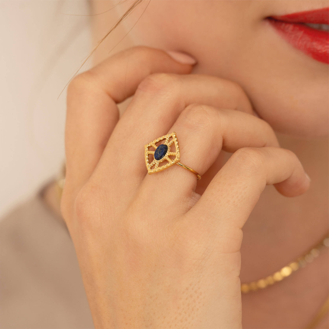 Bague acier doré or pierres naturelles