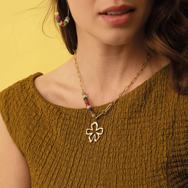 Collier fleur acier doré or pierres