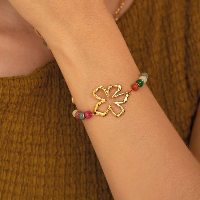 Bracelet fleur acier doré or pierres