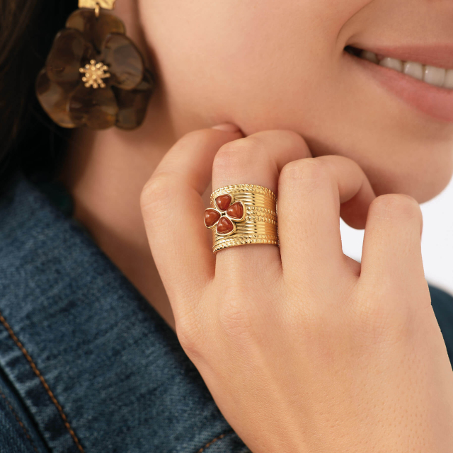 bague acier doré or résine marron