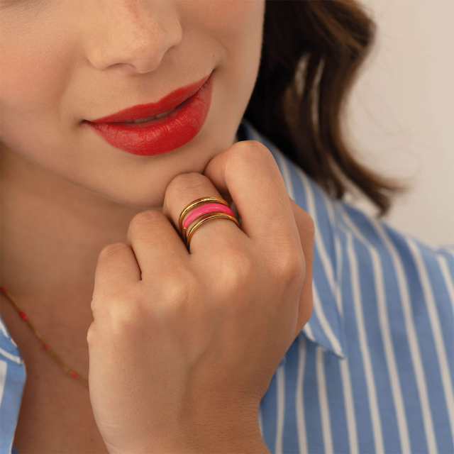 Bague acier doré or fuchsia