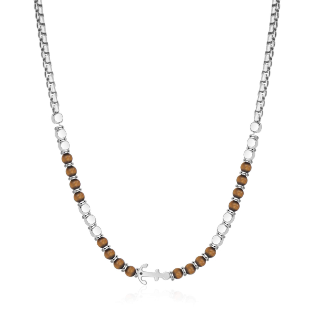 Collier Navy acier pierres oeil de tigre