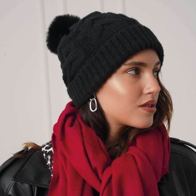 Bonnet fourré Pompon noir