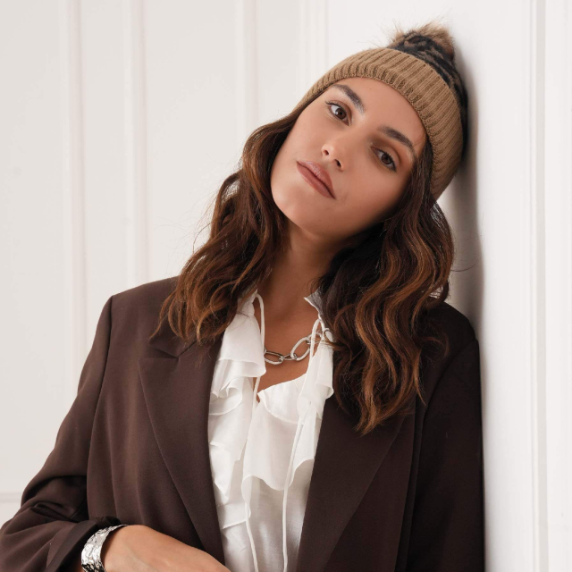 Bonnet fourré Pompon léopard