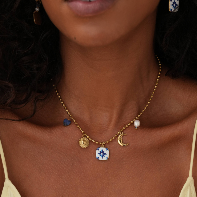 Collier Antonia bleu acier doré or