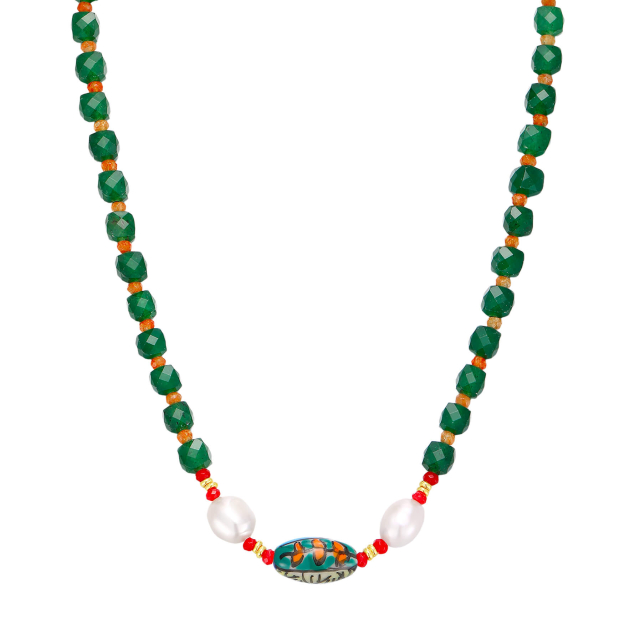 Collier Isabel perles vertes acier doré or
