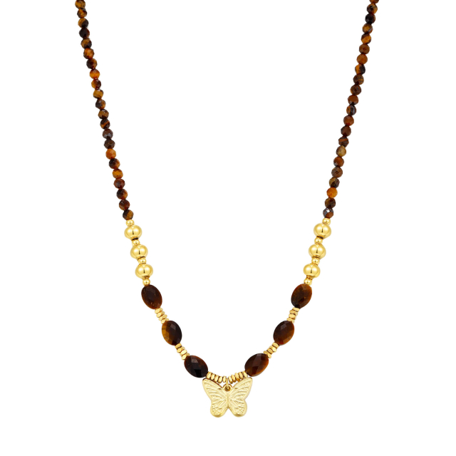 Collier Papillon pierres Oeil de tigre acier doré or