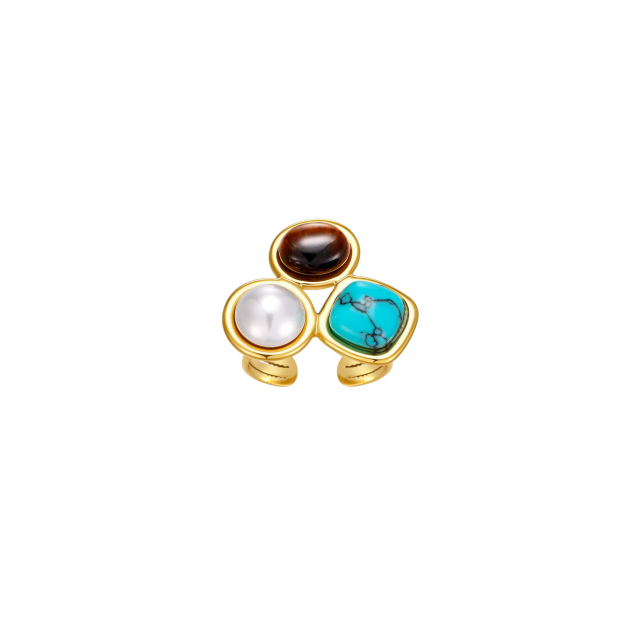 Bague Trilogy acier doré or avec pierres Œil de tigre, turquoise et perle.