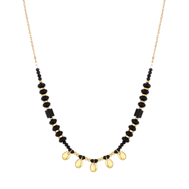 Collier Yuma perles noires, acier doré or