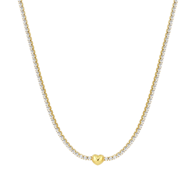 Collier Riviera cœur strass acier doré or