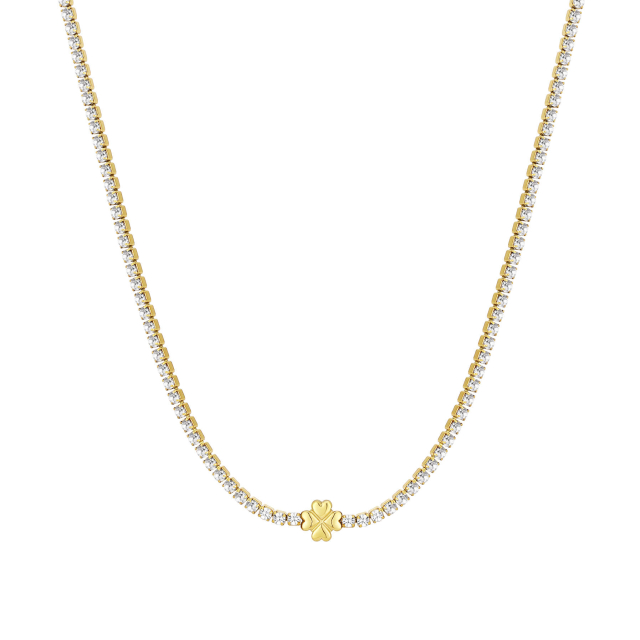 Collier Riviera Trefle strass acier doré or