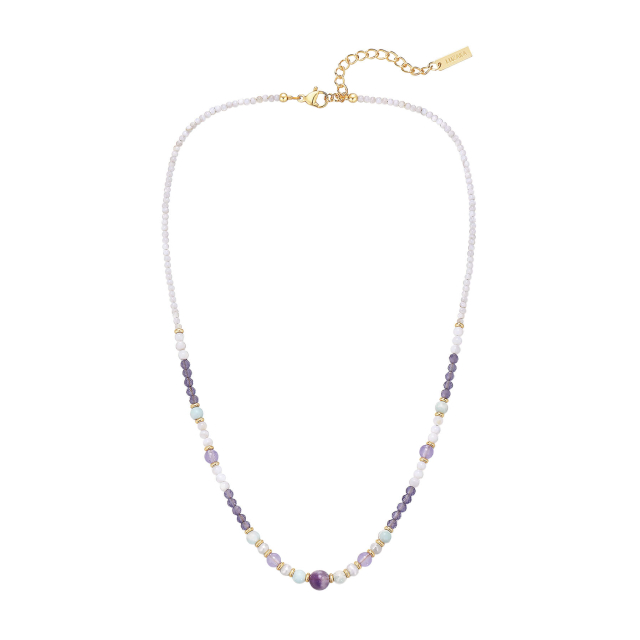 Collier Taho pierres Améthyste, Agate, nacre doré or
