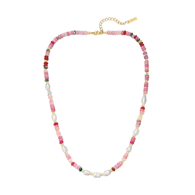 Collier Taho pierres Rhodonite, Agate, nacre doré or
