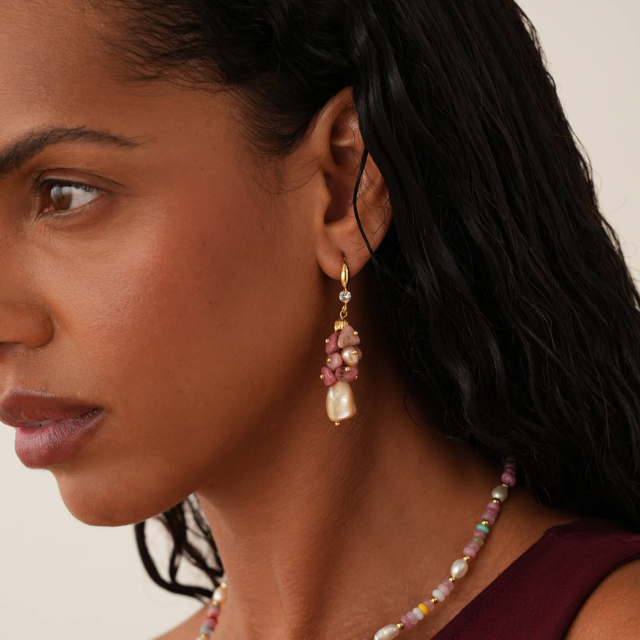 Boucles Taho pierres Rhodonite, Agate, nacre doré or