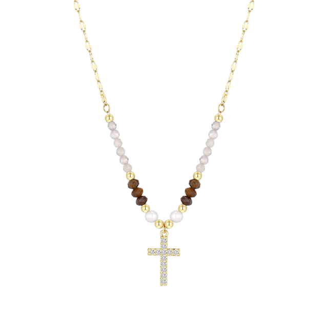 Collier Croix pierres Œil de tigre et nacre acier doré or