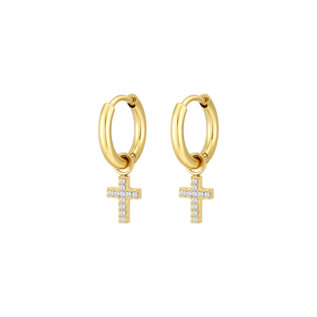Boucles Croix acier doré or et zircons