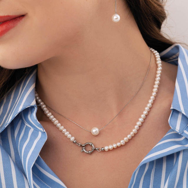 Collier perle nacre acier argenté