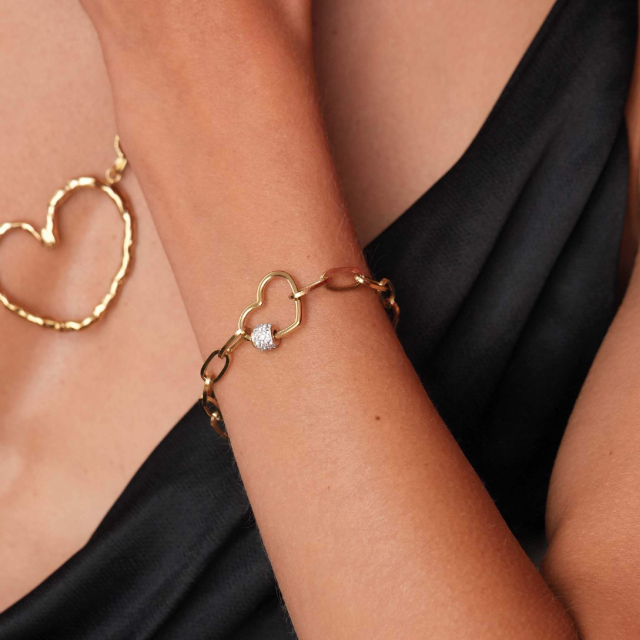 Bracelet acier doré or et strass motif coeur