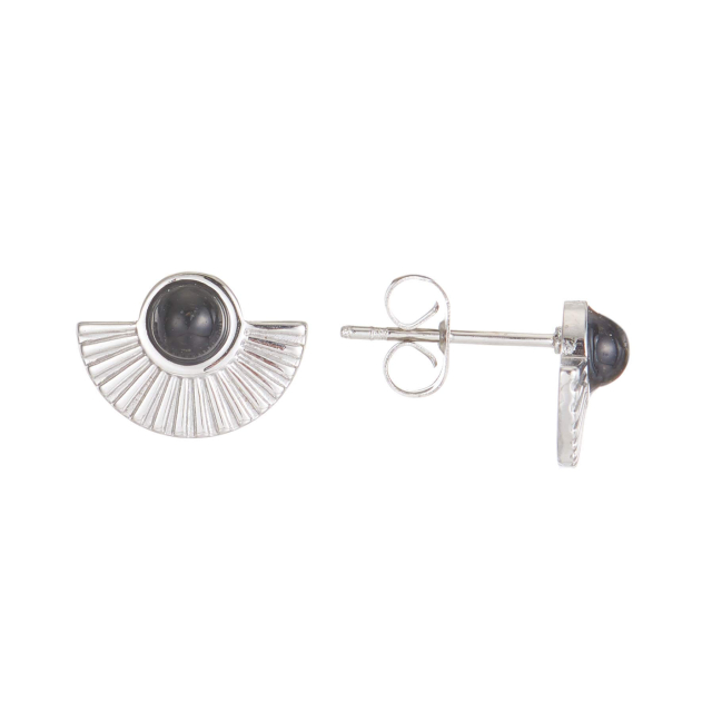 Boucles Eventail acier Obsidienne Boucles d'oreilles Femme Courtes - Puces- Bijoux et accessoires pas chers pour femme Luzaka Ref.66217