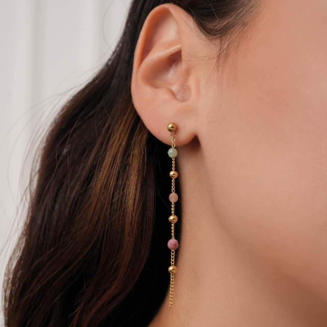 Large choix de Boucles d'oreilles de bijoux en acier, de montres et de sacs à main sur luzaka.com. Boucles pendantes acier doré or et pierres - Réf : 68945