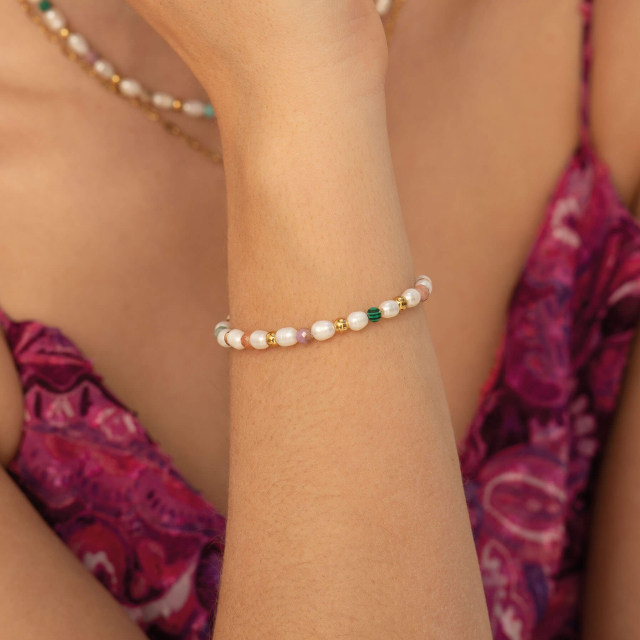 Bracelet acier doré or et nacre et pierres multicolore