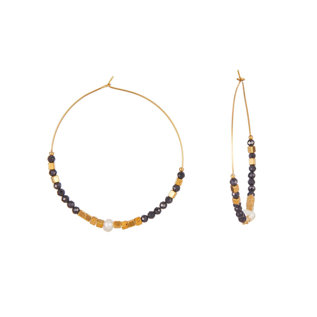 Boucles Mélo Agate noire Boucles d'oreilles Femme Rondes - Créoles- Bijoux et accessoires pas chers pour femme Luzaka Ref.73018