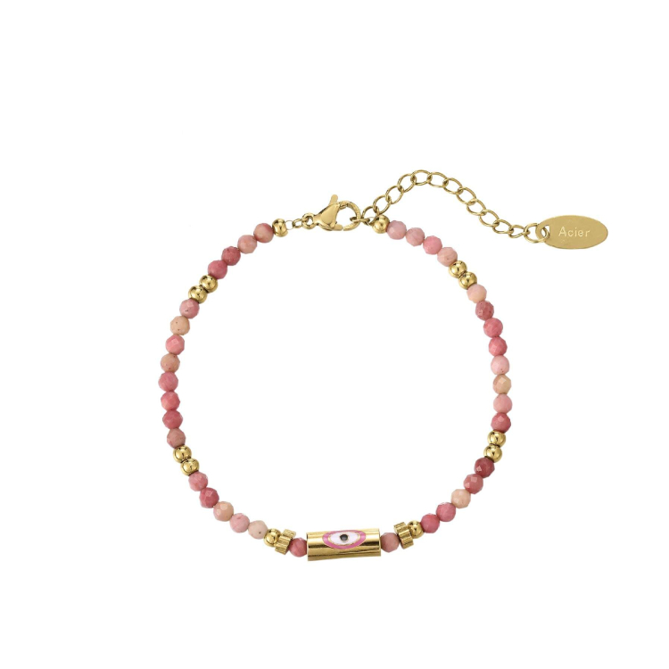 Large choix de Bracelet  de bijoux en acier, de montres et de sacs à main sur luzaka.com. Bracelet Lucky eye Rhodonite acier doré or - Réf : 10782